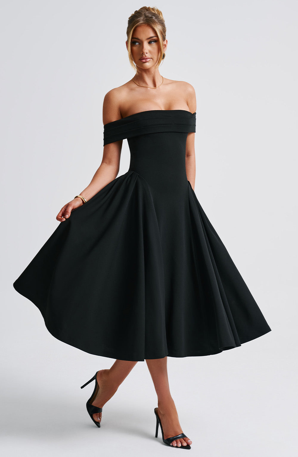 Delilah | Polished Off-Shoulder Flare Midi Christmas Dress