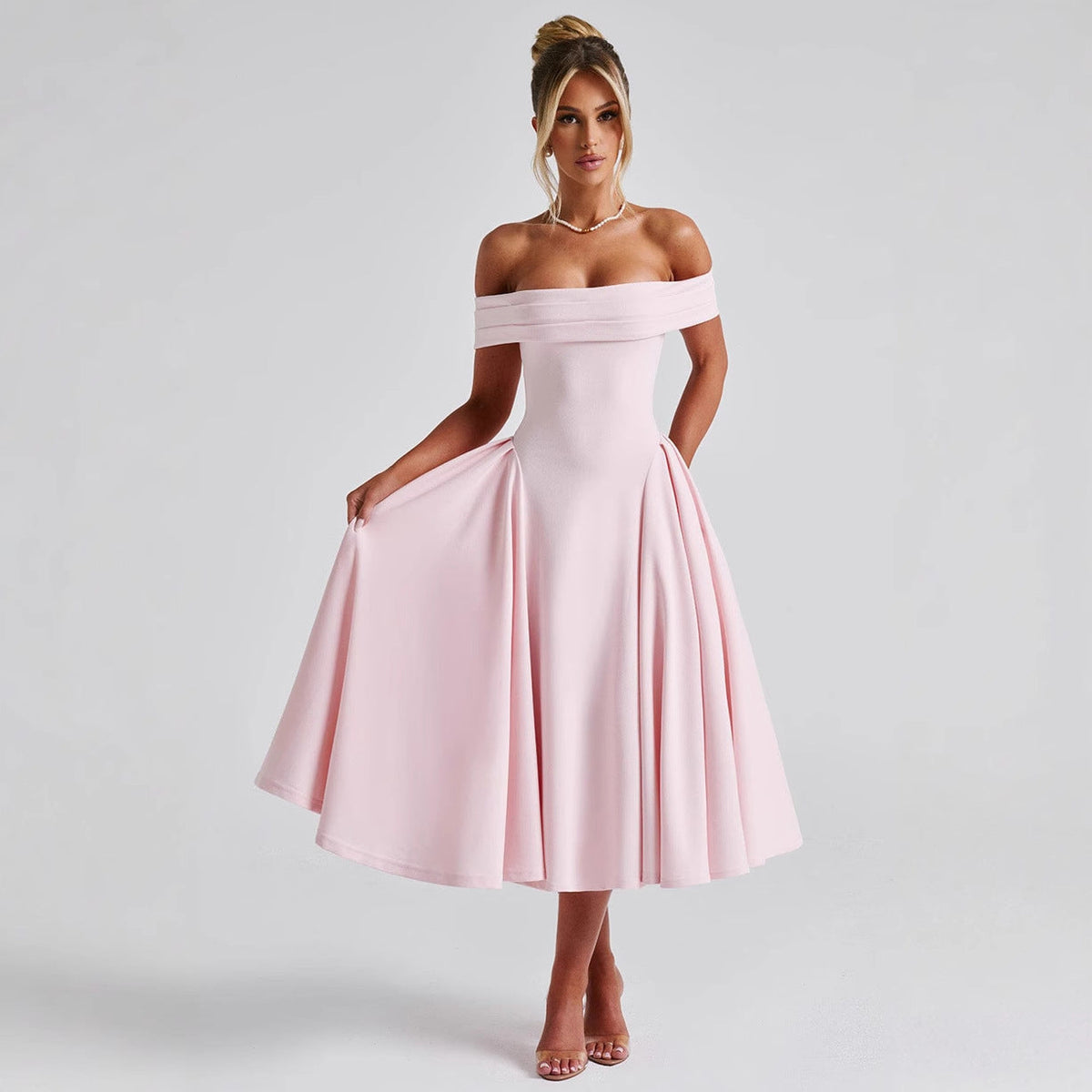 Delilah | Polished Off-Shoulder Flare Midi Christmas Dress