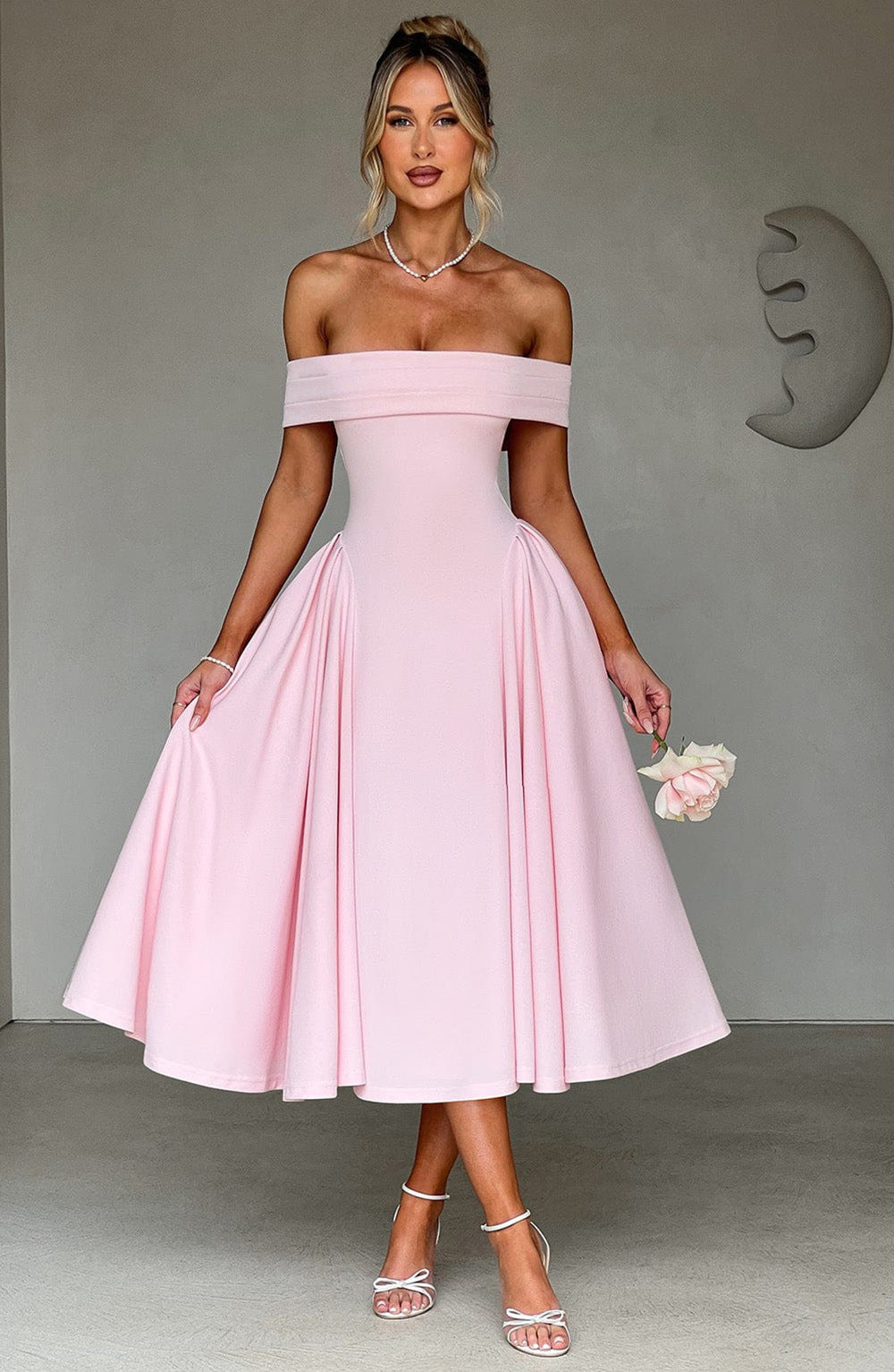 Delilah | Polished Off-Shoulder Flare Midi Christmas Dress