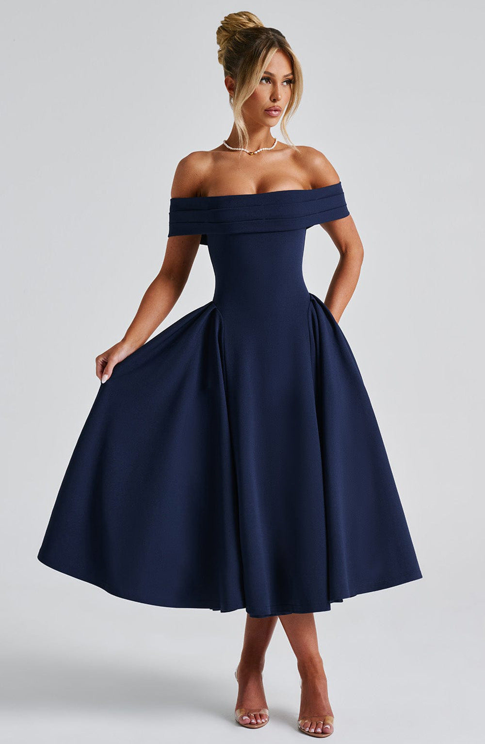 Delilah | Polished Off-Shoulder Flare Midi Christmas Dress