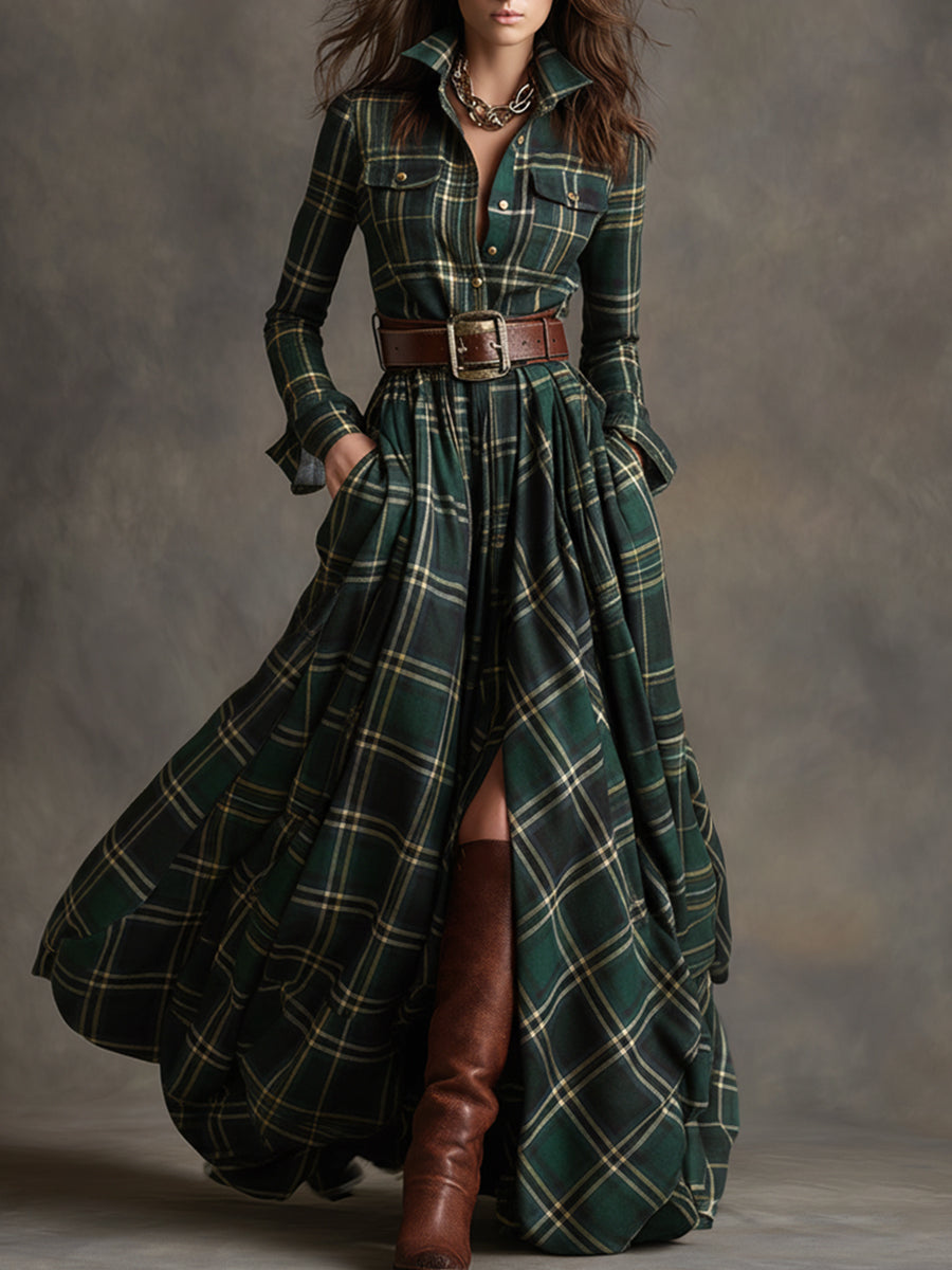 Ella | Chic Belted Plaid Maxi Party Dress