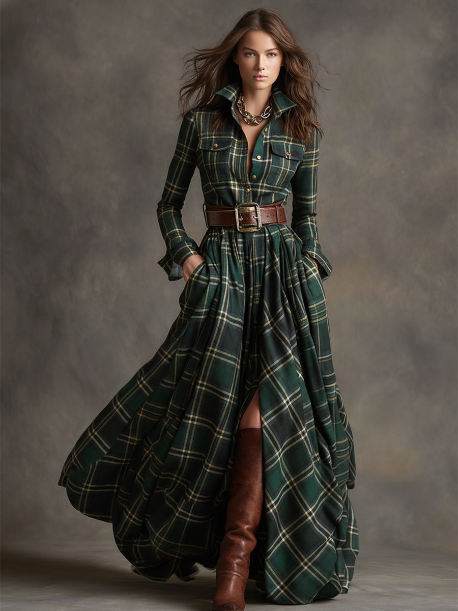 Ella | Chic Belted Plaid Maxi Party Dress