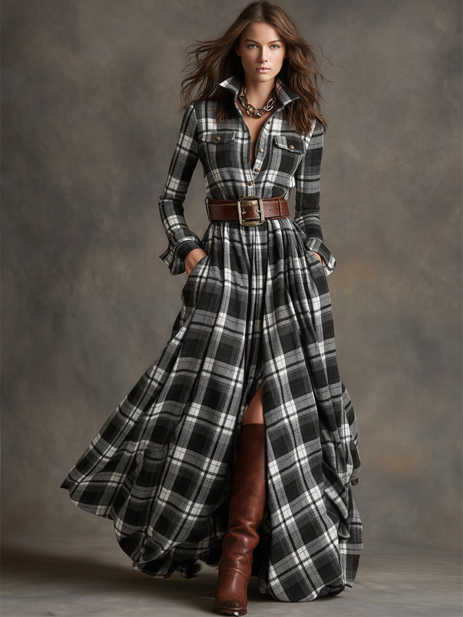 Ella | Chic Belted Plaid Maxi Party Dress