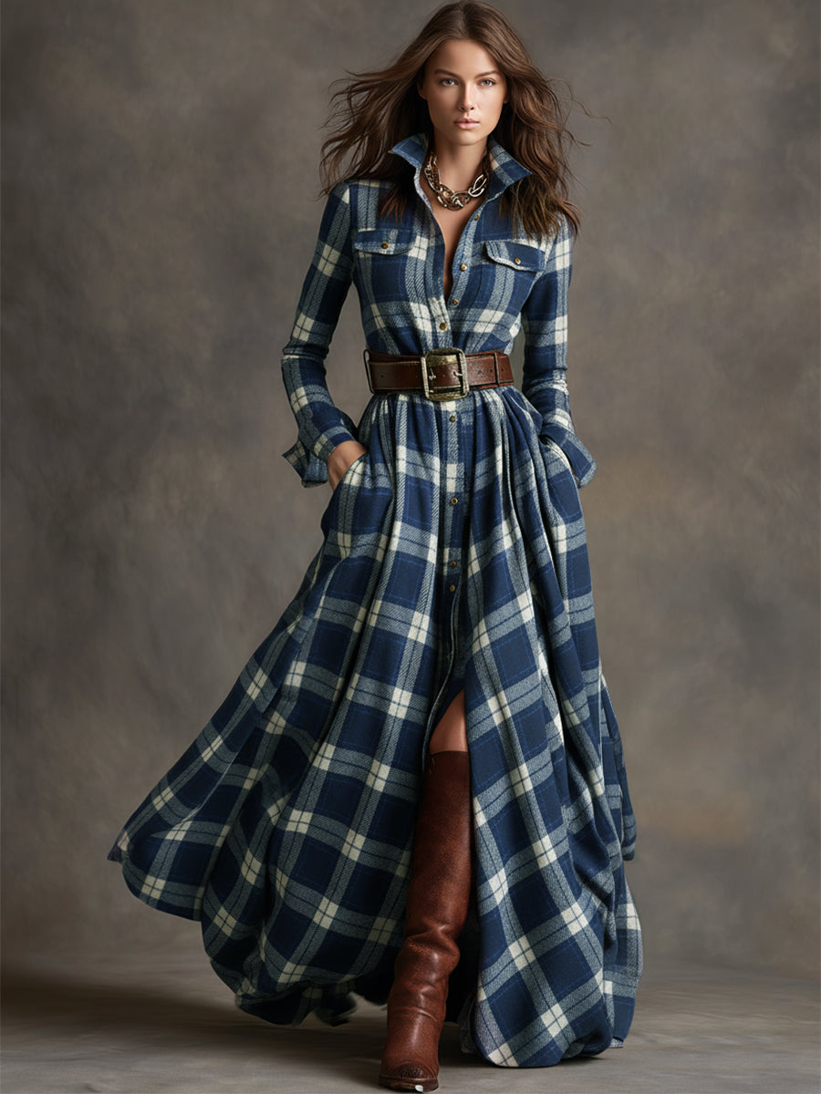 Ella | Chic Belted Plaid Maxi Party Dress