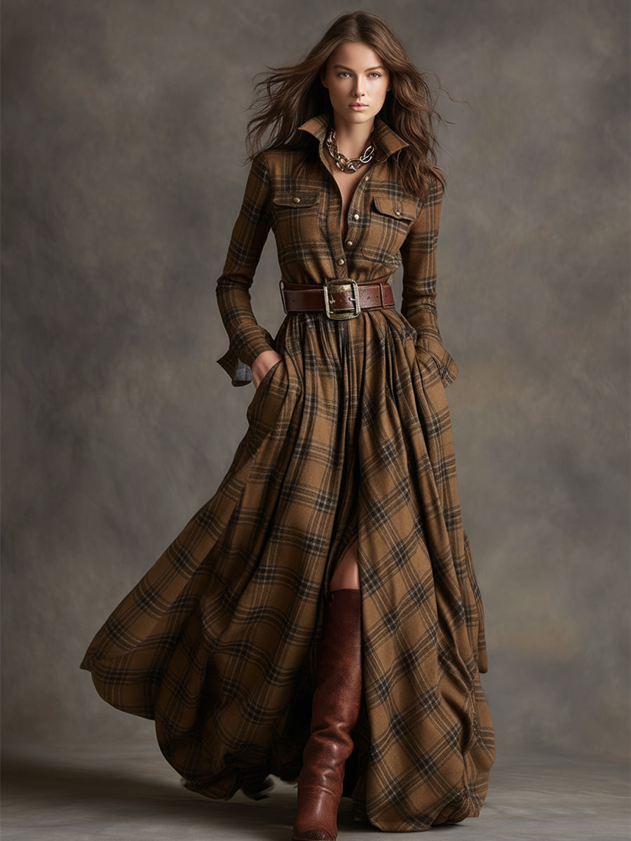 Ella | Chic Belted Plaid Maxi Party Dress