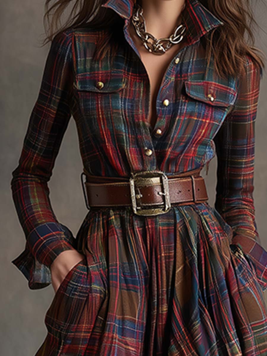 Ella | Chic Belted Plaid Maxi Party Dress