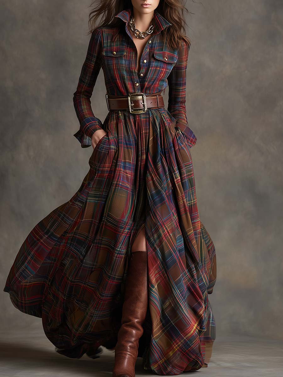 Ella | Chic Belted Plaid Maxi Party Dress