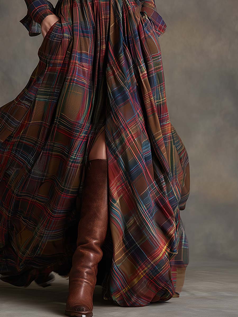 Ella | Chic Belted Plaid Maxi Party Dress