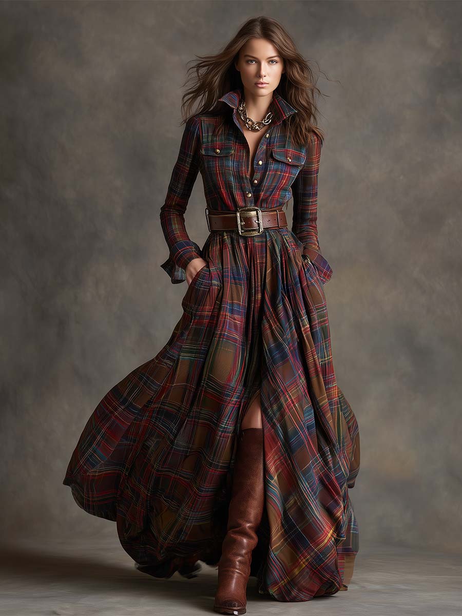 Ella | Chic Belted Plaid Maxi Party Dress