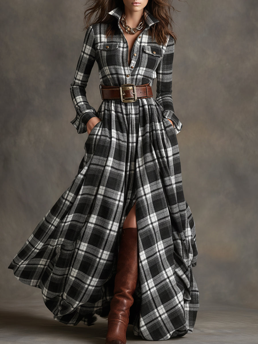 Ella | Chic Belted Plaid Maxi Party Dress