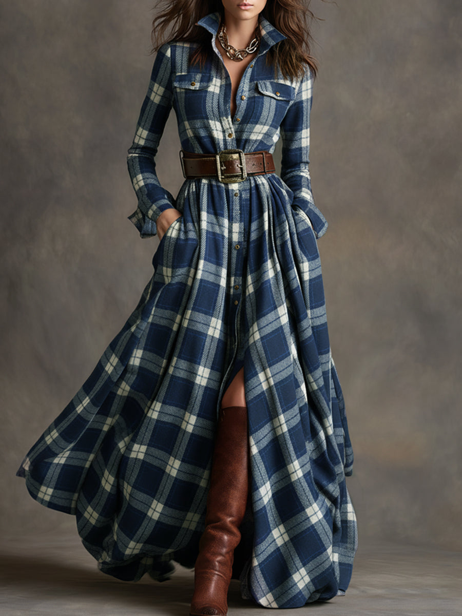 Ella | Chic Belted Plaid Maxi Party Dress