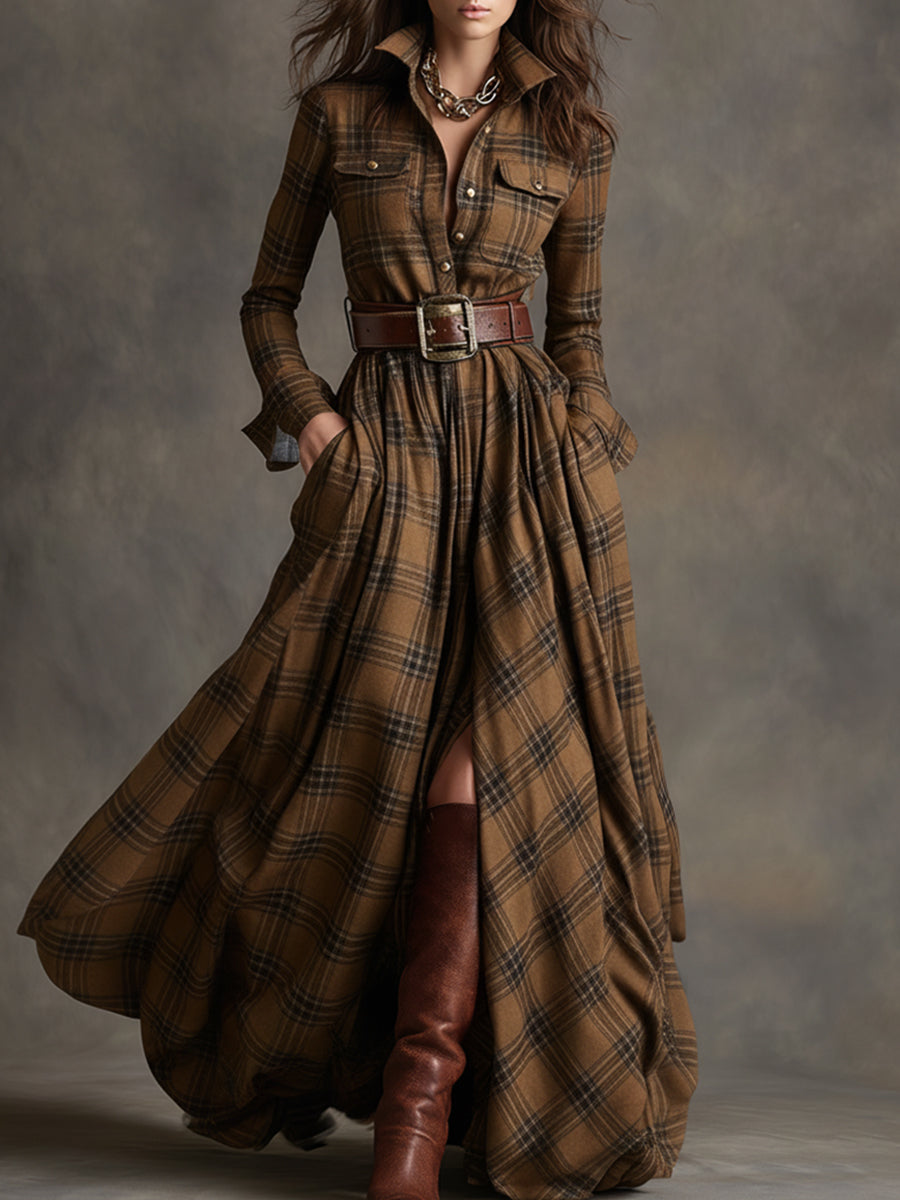 Ella | Chic Belted Plaid Maxi Party Dress
