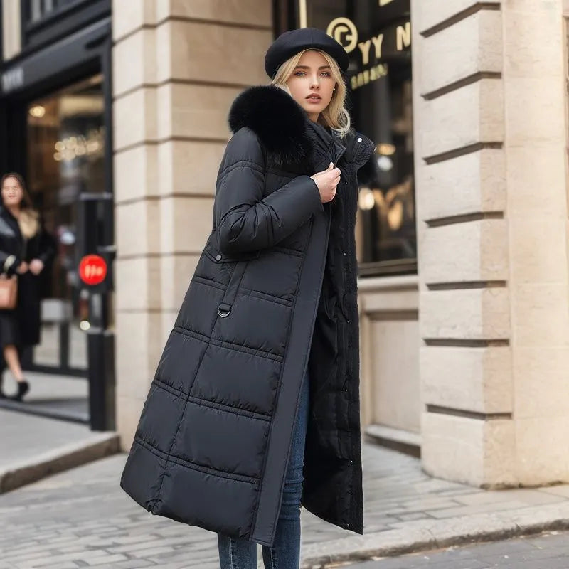 Elodie | Relaxed Belted Longline Faux Fur Coat with Hood