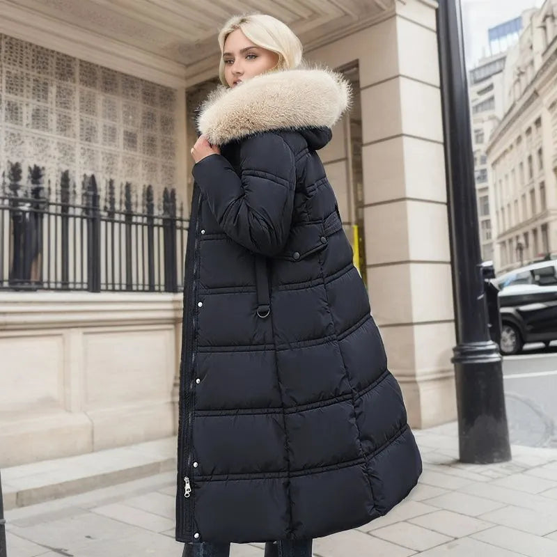 Elodie | Relaxed Belted Longline Faux Fur Coat with Hood