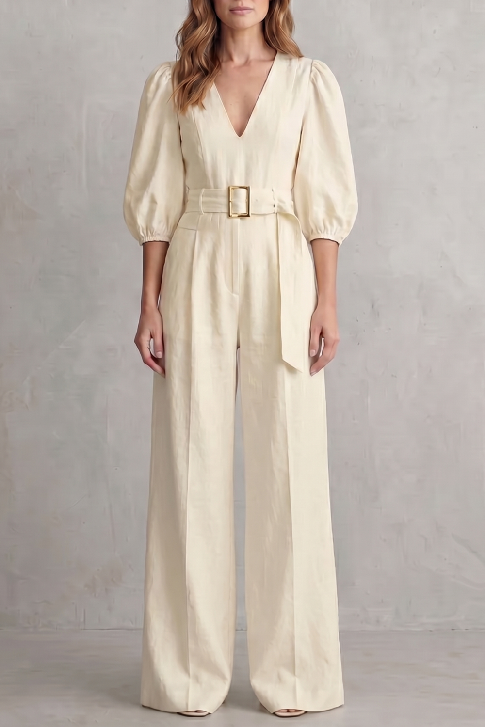 Elodie | Sophisticated Belted Puff Sleeve Wide Leg Jumpsuit