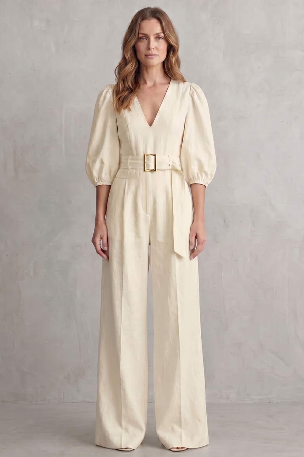 Elodie | Sophisticated Belted Puff Sleeve Wide Leg Jumpsuit
