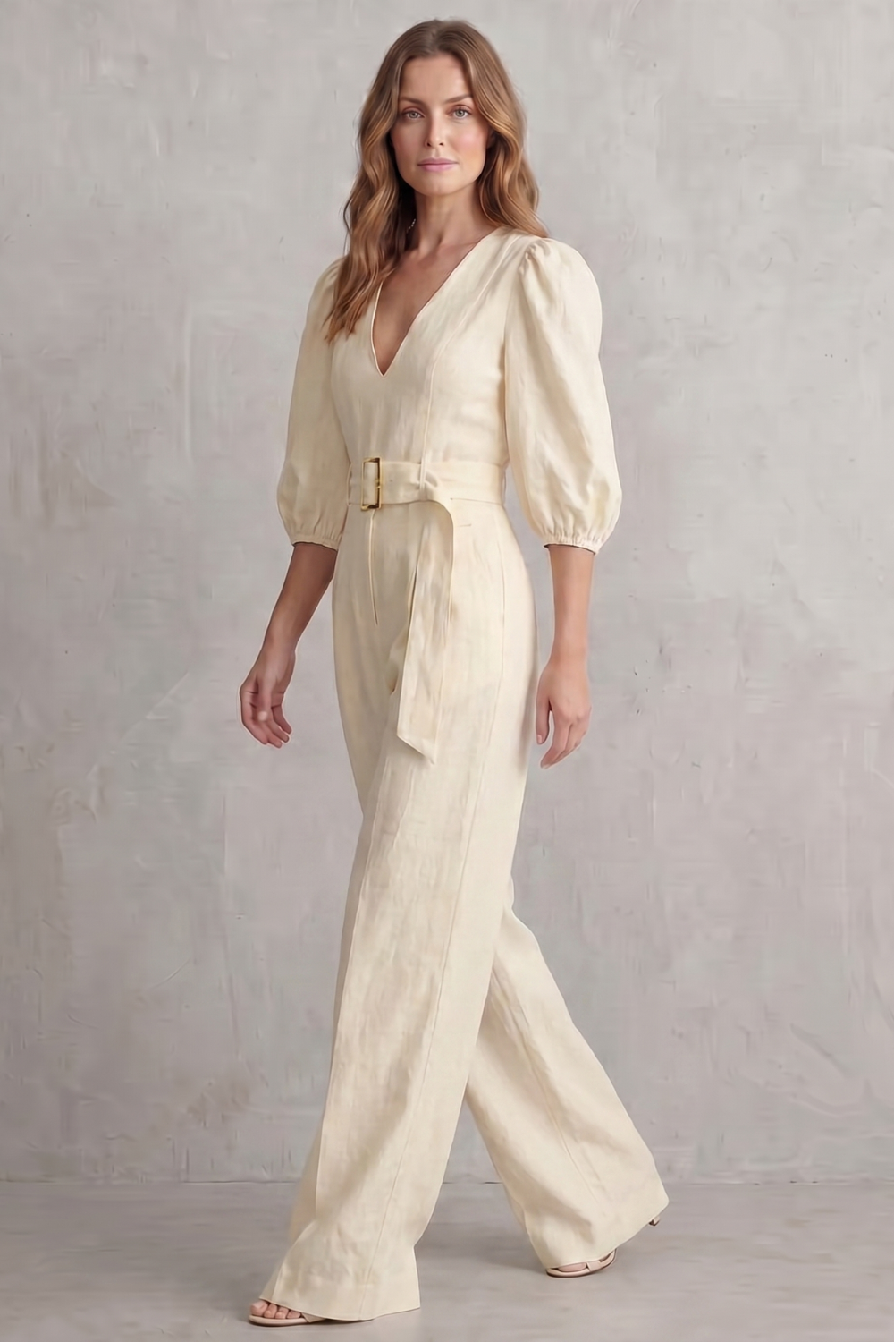 Elodie | Sophisticated Belted Puff Sleeve Wide Leg Jumpsuit