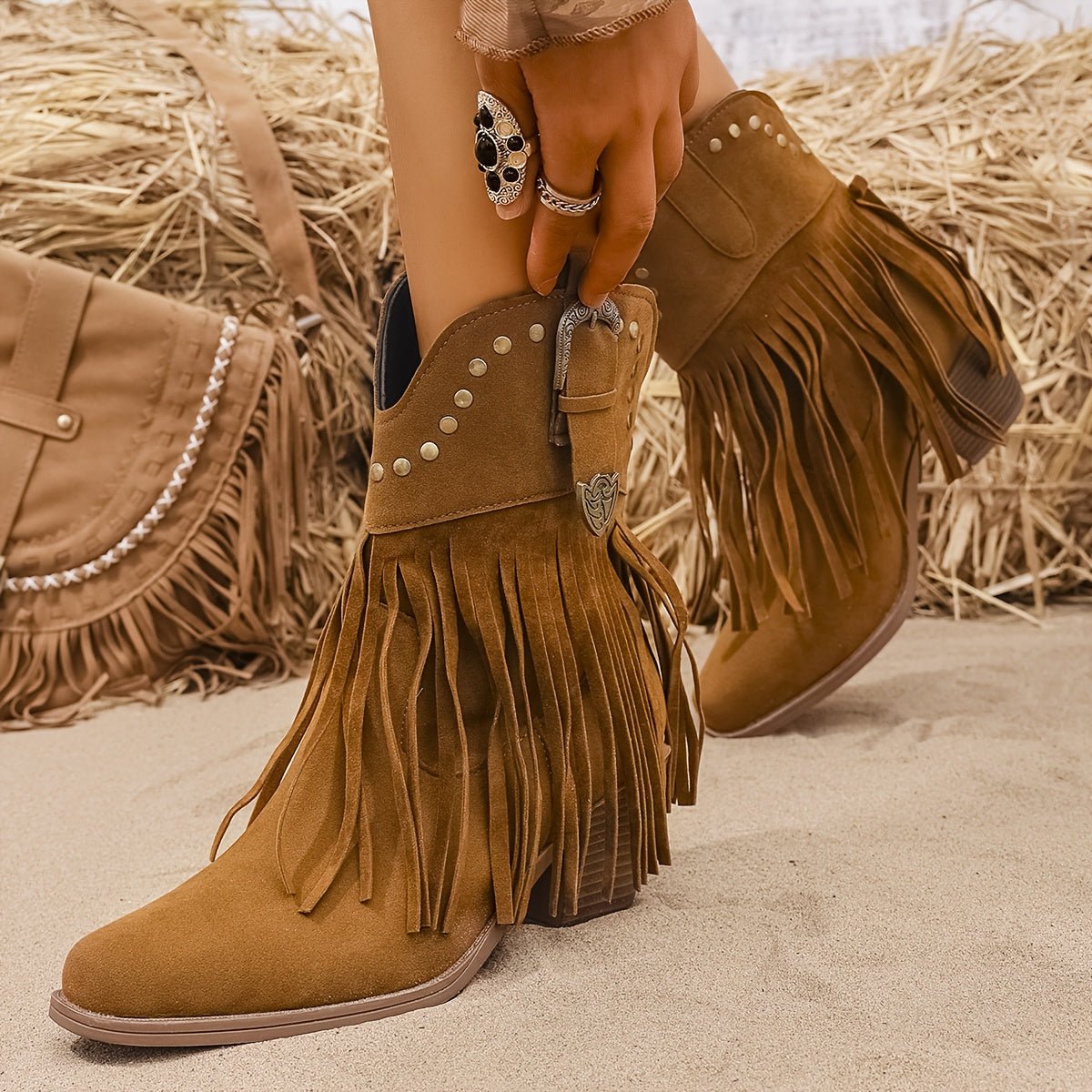 Elodie | Stylish Studded Fringe Wide Fit Western Boots