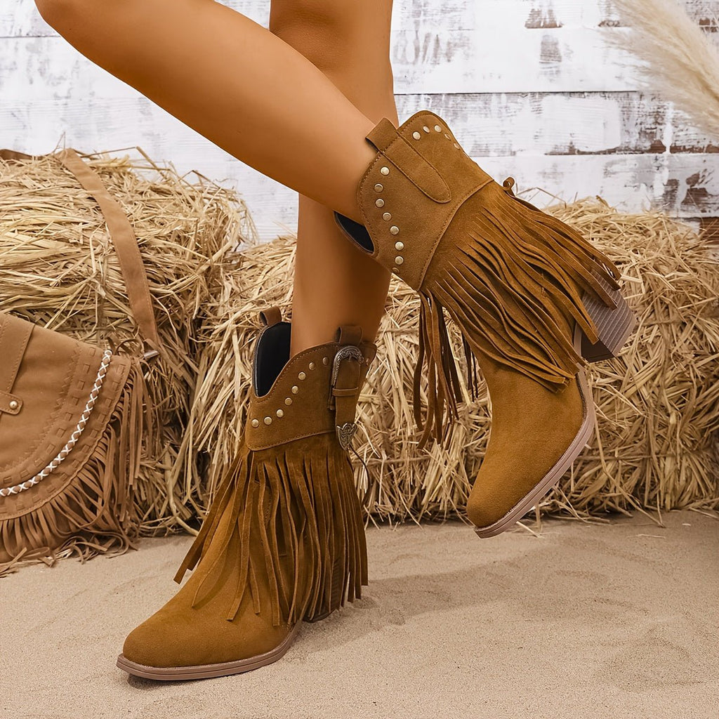 Elodie | Stylish Studded Fringe Wide Fit Western Boots