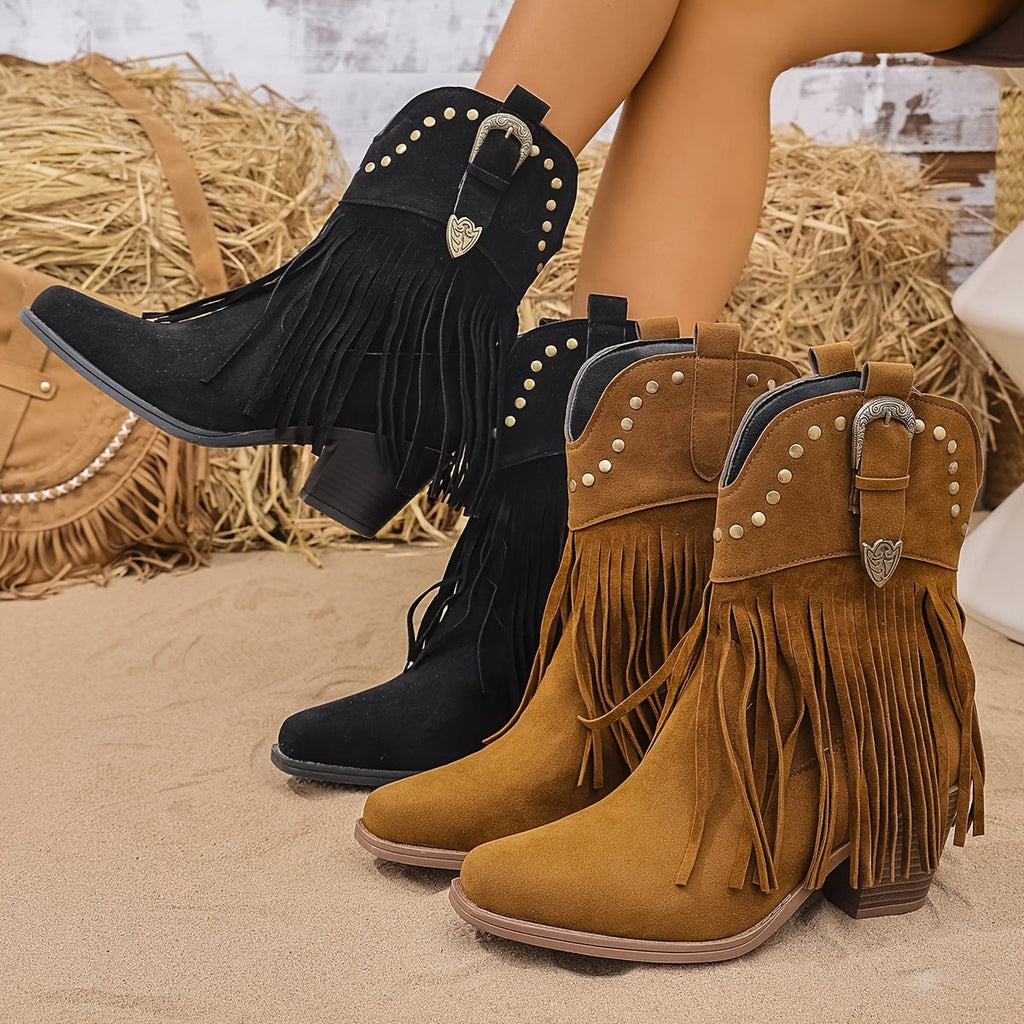 Elodie | Stylish Studded Fringe Wide Fit Western Boots