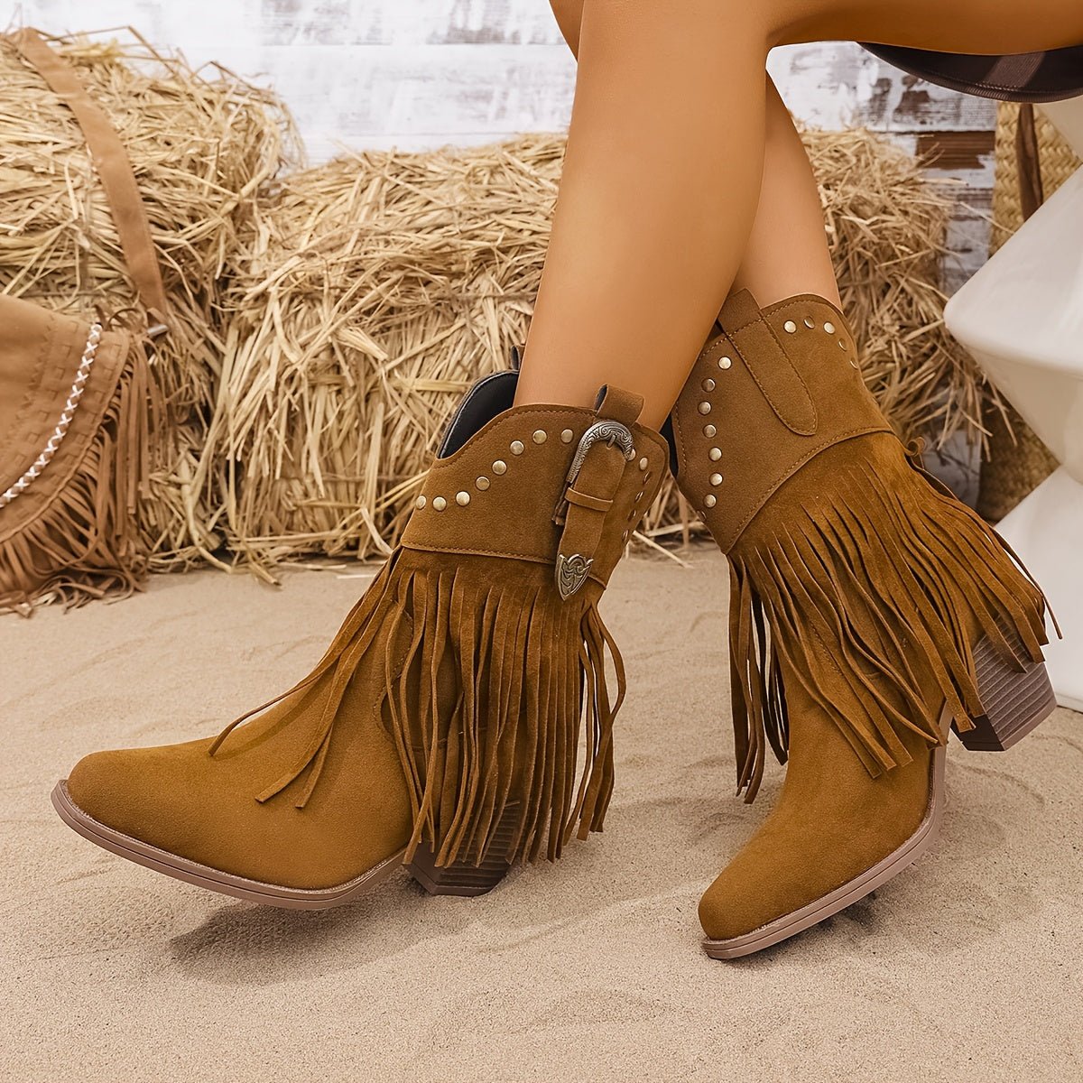 Elodie | Stylish Studded Fringe Wide Fit Western Boots