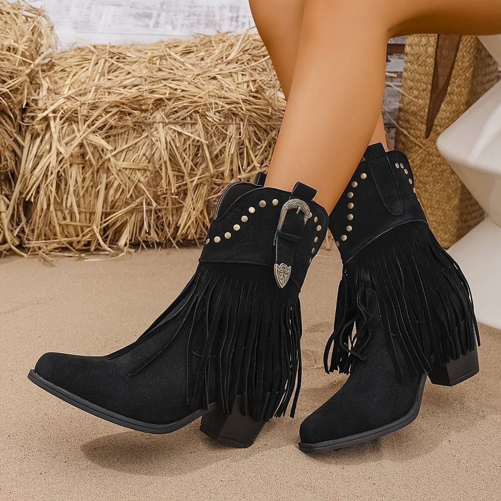 Elodie | Stylish Studded Fringe Wide Fit Western Boots