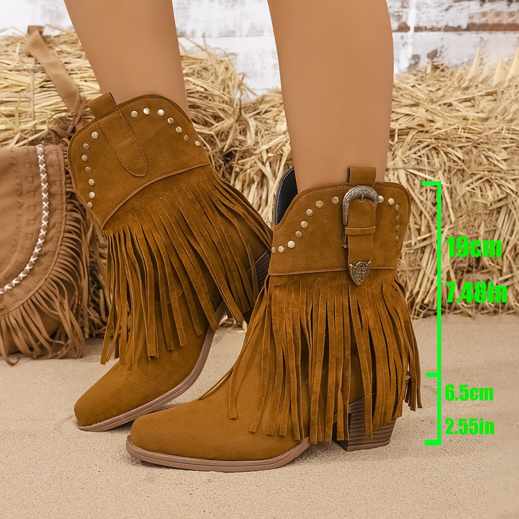 Elodie | Stylish Studded Fringe Wide Fit Western Boots