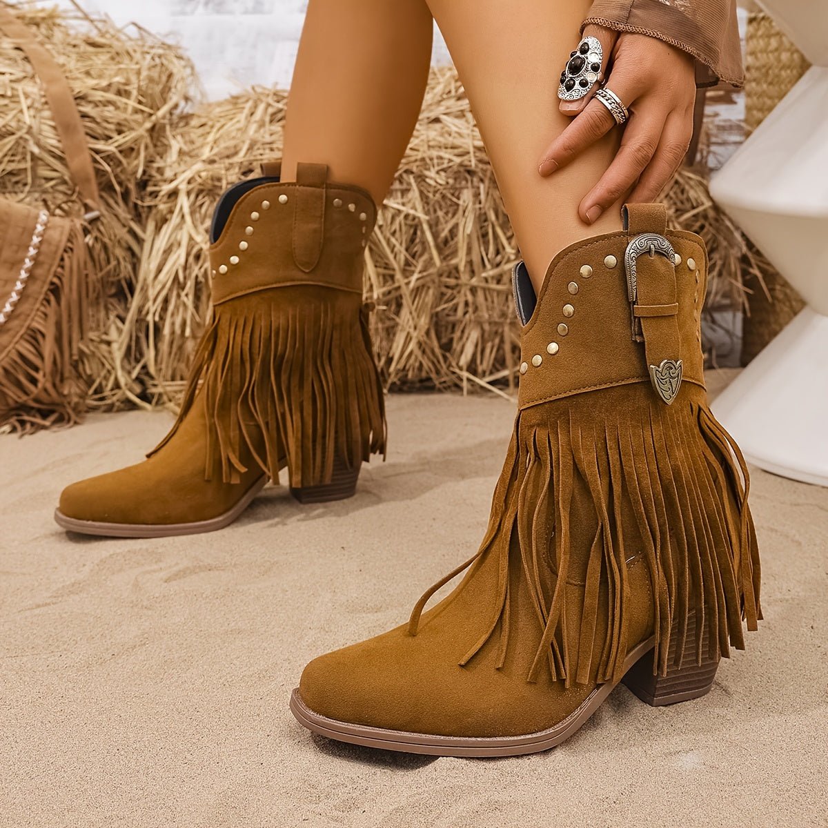 Elodie | Stylish Studded Fringe Wide Fit Western Boots