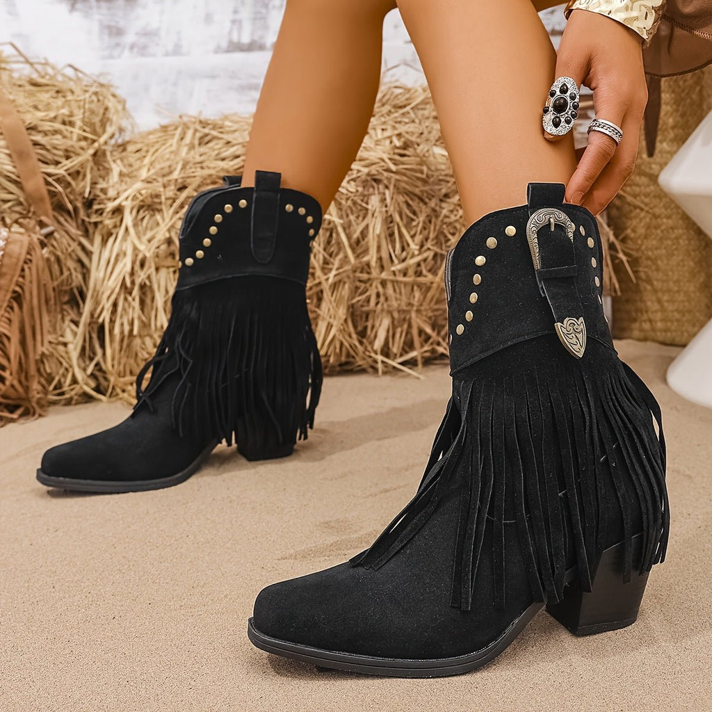 Elodie | Stylish Studded Fringe Wide Fit Western Boots