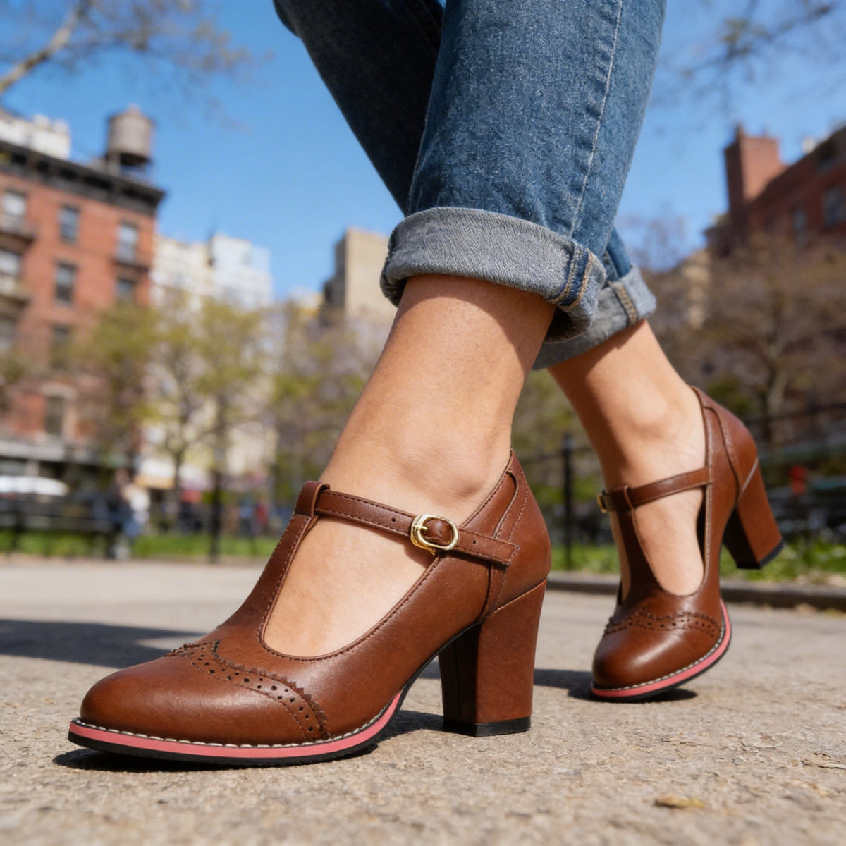 Eloise | Elegant Brogue T-Strap Mary Jane Block Heels