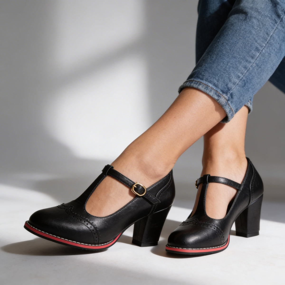 Eloise | Elegant Brogue T-Strap Mary Jane Block Heels