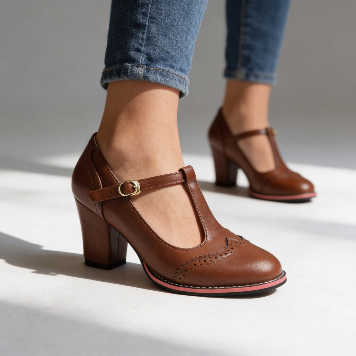 Eloise | Elegant Brogue T-Strap Mary Jane Block Heels