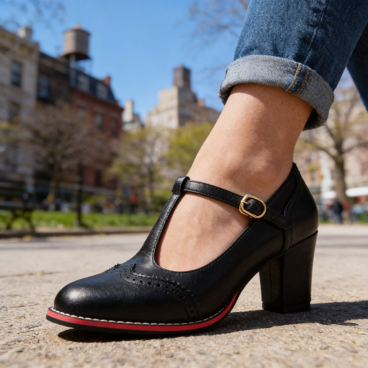 Eloise | Elegant Brogue T-Strap Mary Jane Block Heels