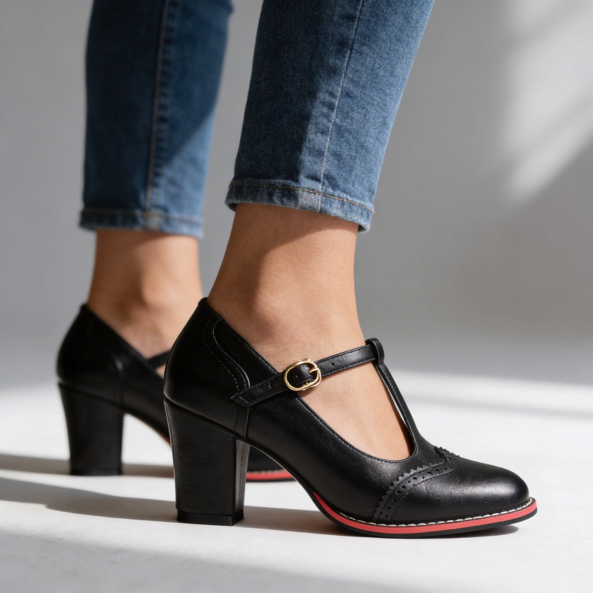 Eloise | Elegant Brogue T-Strap Mary Jane Block Heels