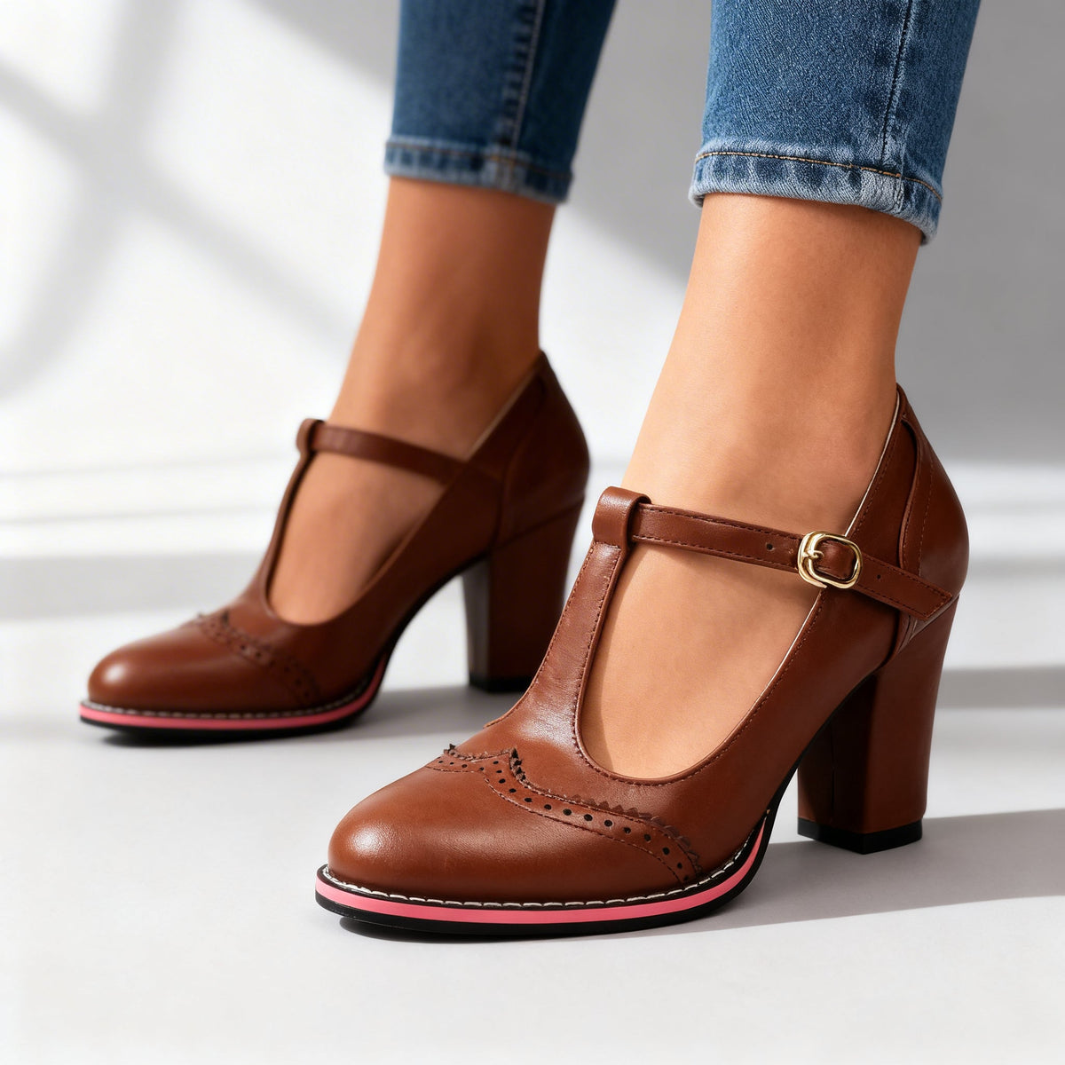 Eloise | Elegant Brogue T-Strap Mary Jane Block Heels