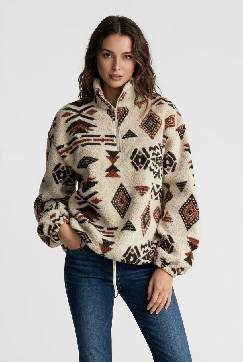 Emilia | Elegant Aztec Print Half-Zip Fleece Jacket