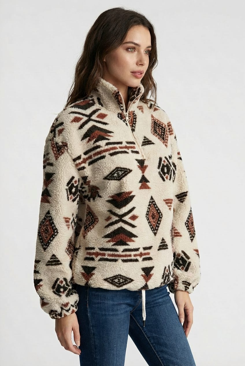 Emilia | Elegant Aztec Print Half-Zip Fleece Jacket