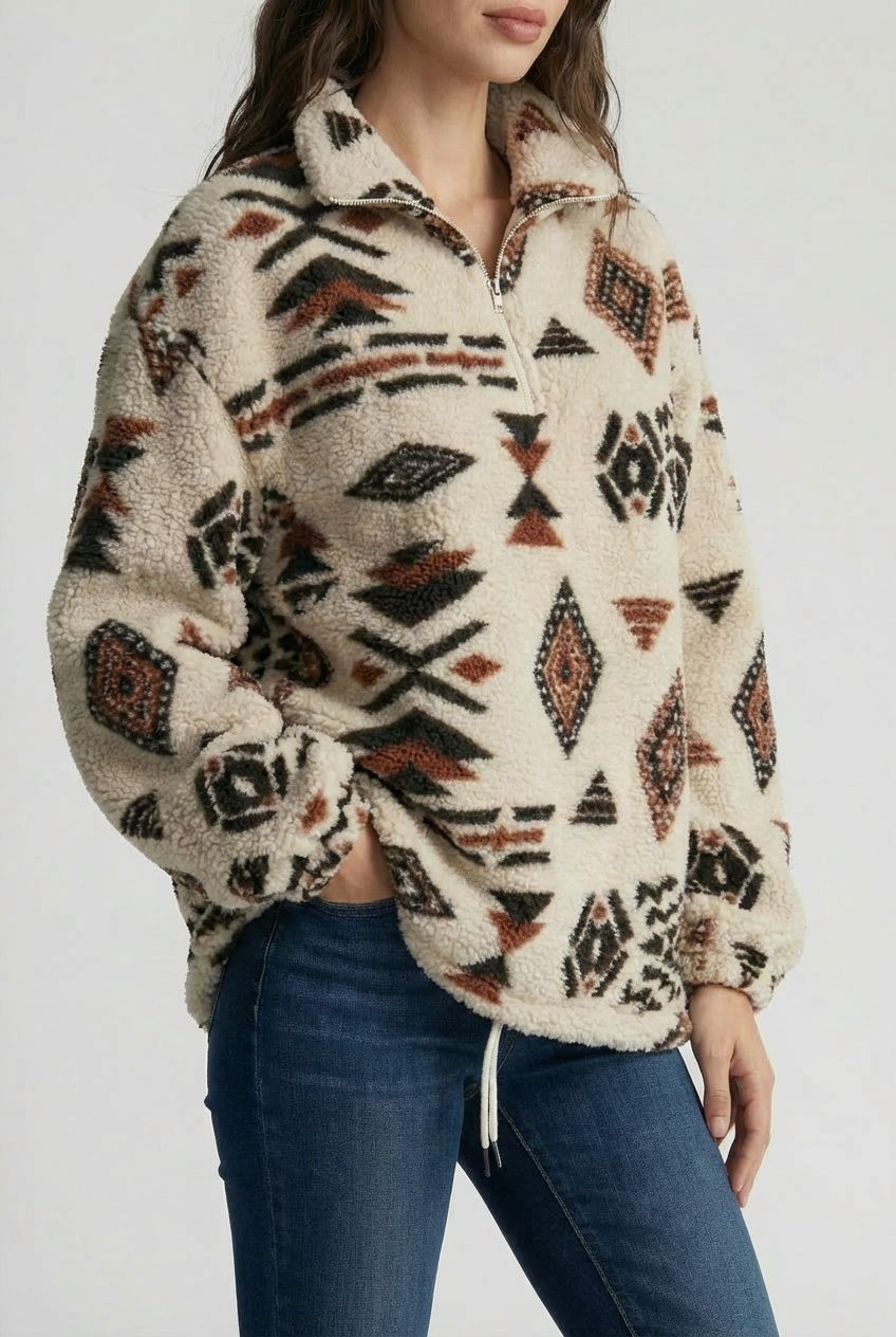 Emilia | Elegant Aztec Print Half-Zip Fleece Jacket