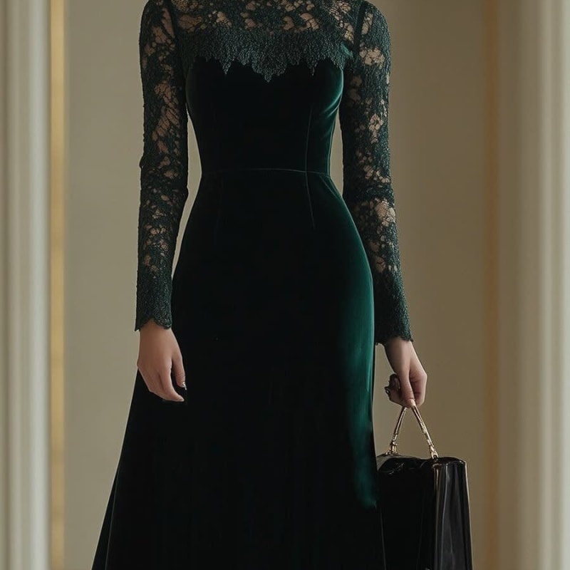 Emily | Chic Lace Sleeve Velvet-Look Midi Christmas Dress