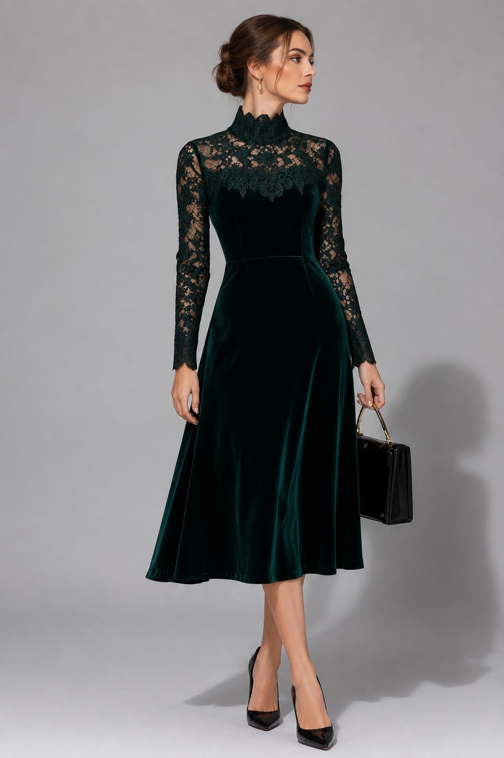 Emily | Chic Lace Sleeve Velvet-Look Midi Christmas Dress