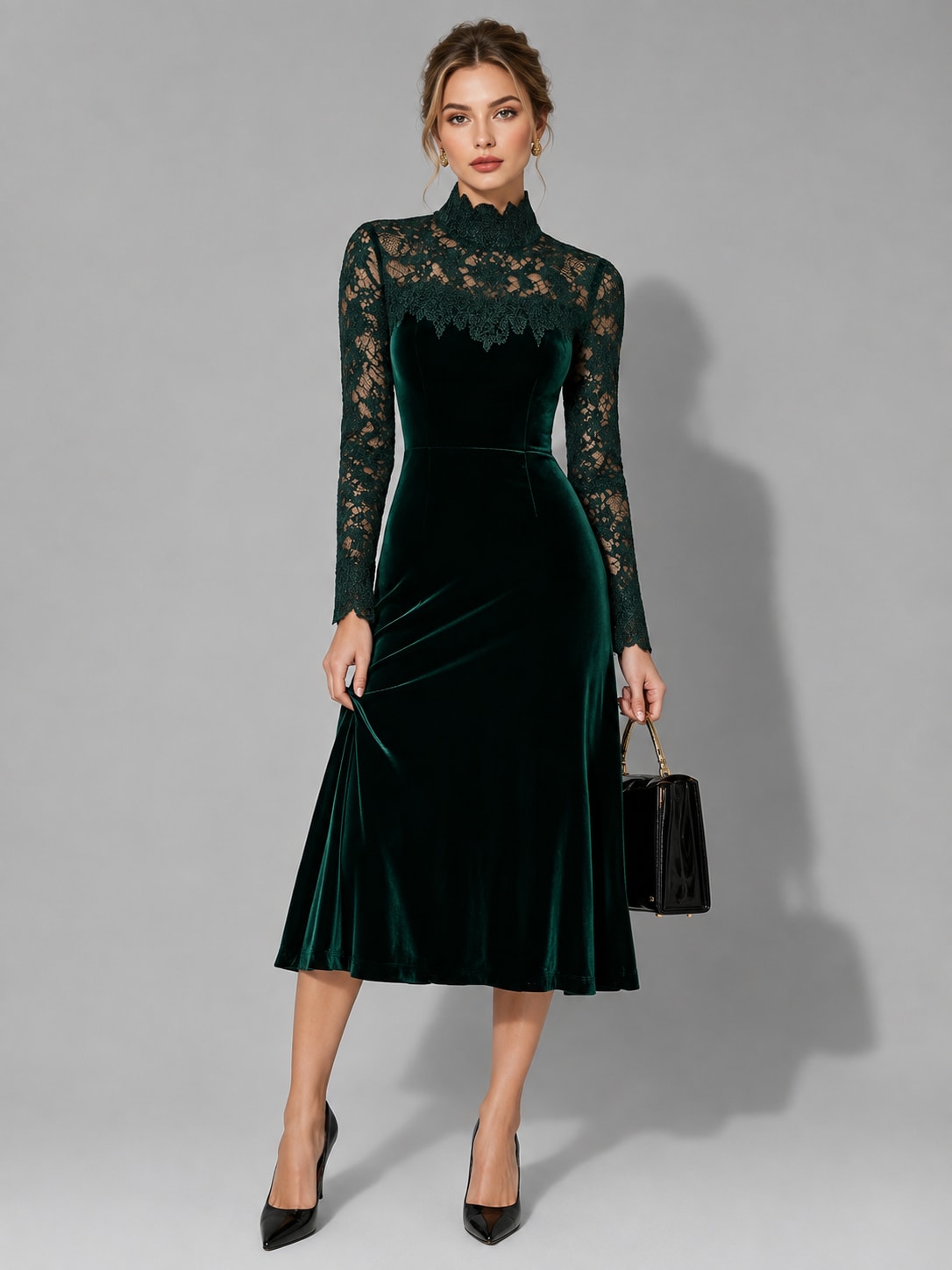 Emily | Chic Lace Sleeve Velvet-Look Midi Christmas Dress