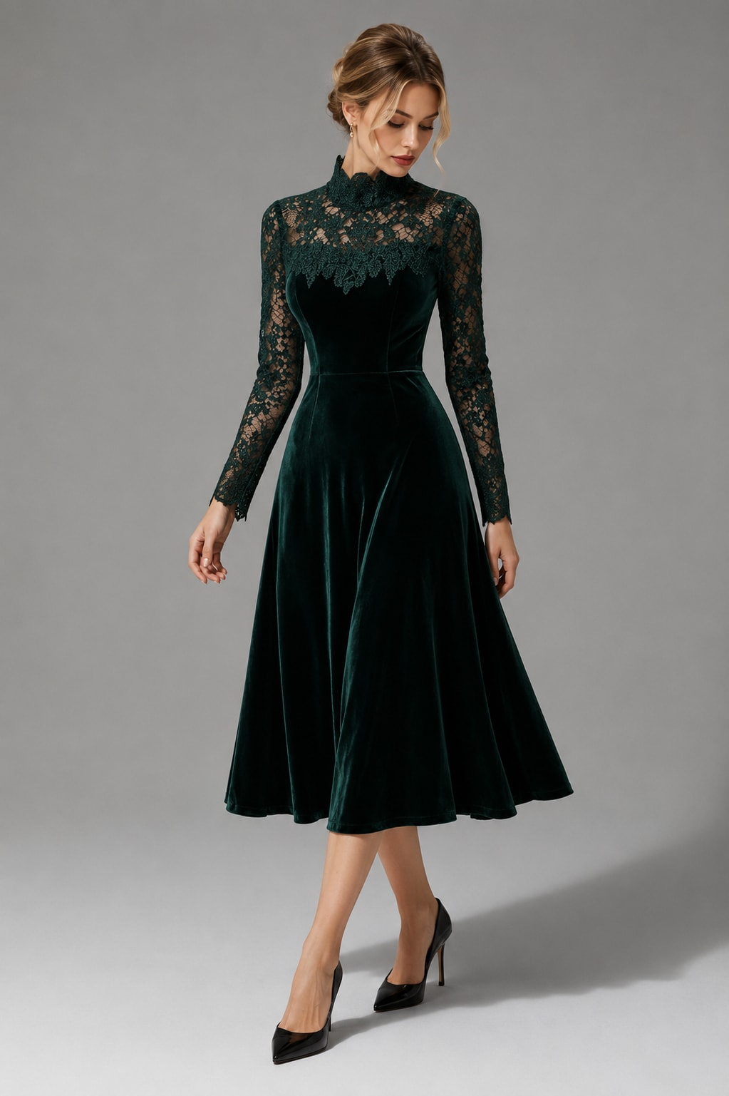 Emily | Chic Lace Sleeve Velvet-Look Midi Christmas Dress