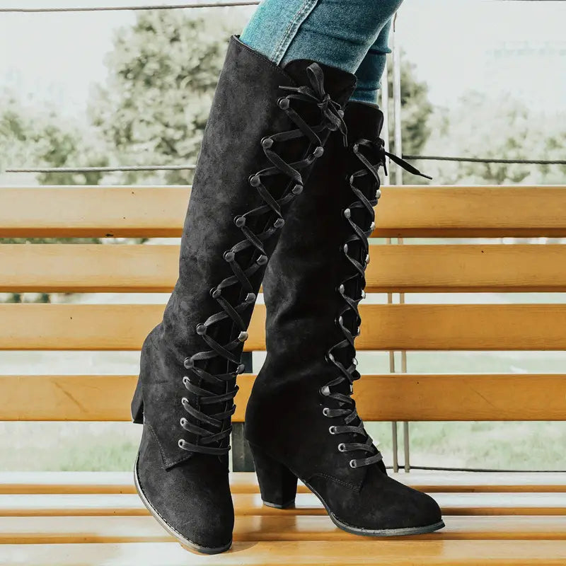 Emma | Cosy Lace-Up Block Heel Knee High Boots
