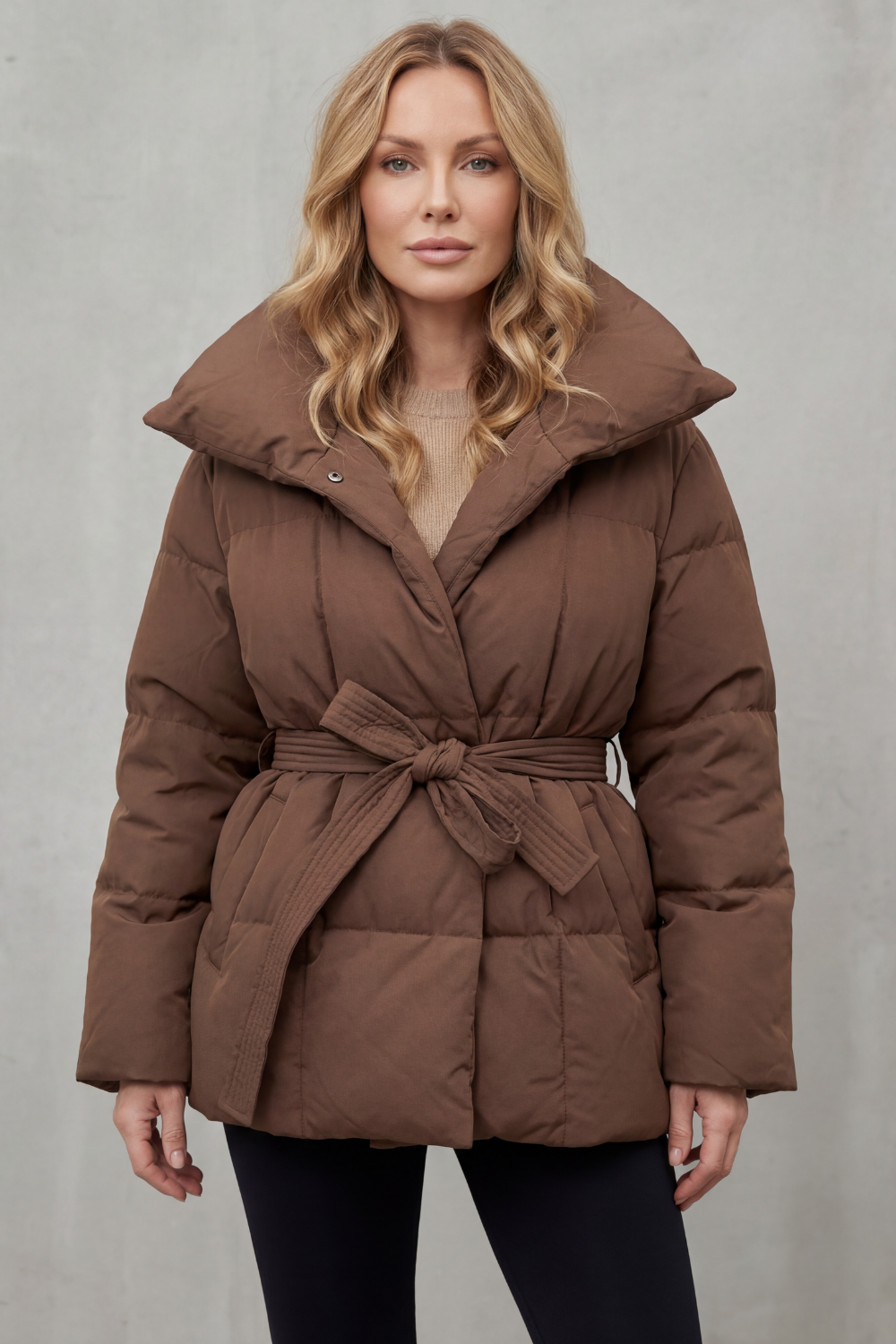 Erin | Relaxed Belted Oversized Collar Long Puffer Coat