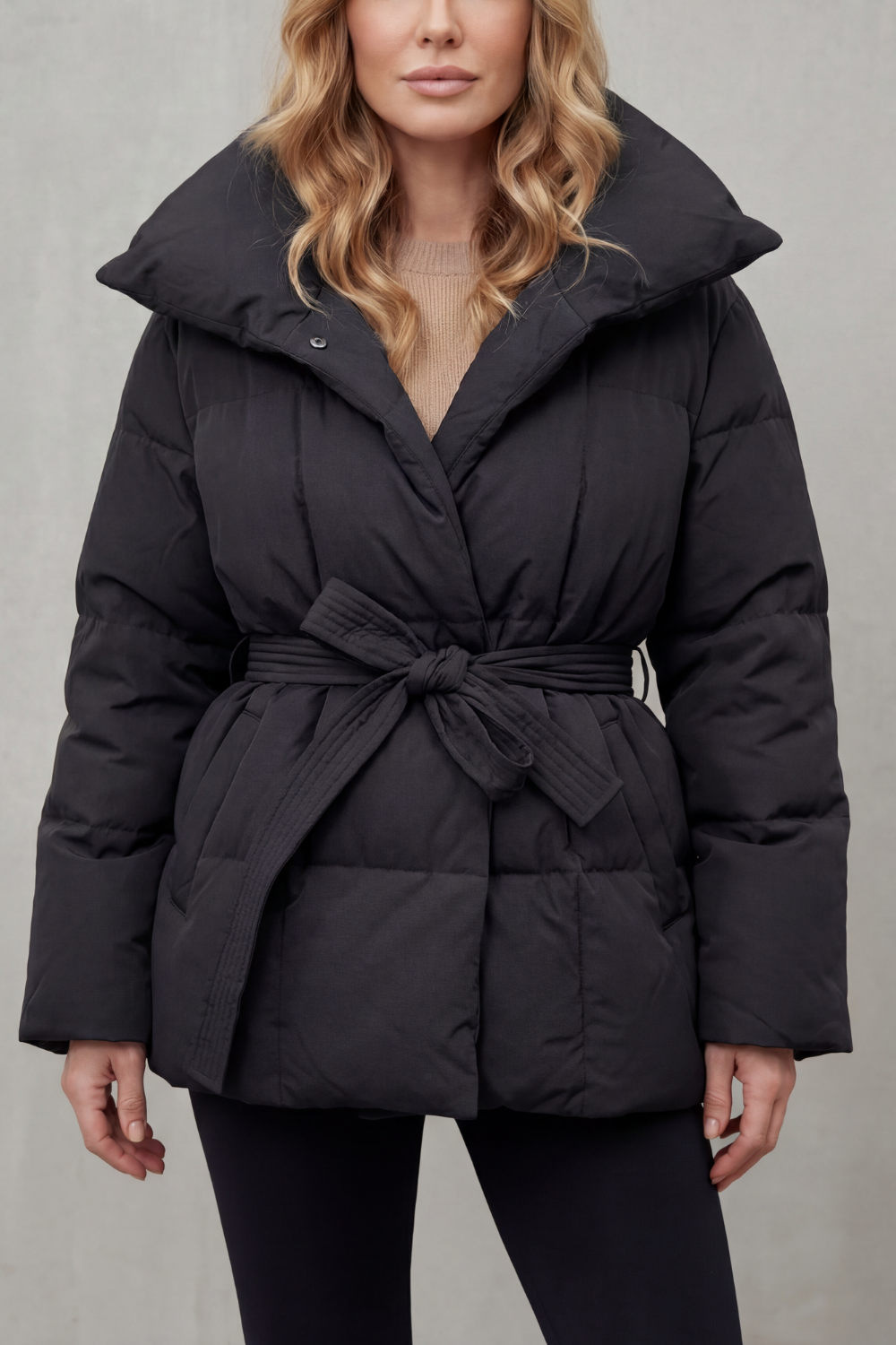 Erin | Relaxed Belted Oversized Collar Long Puffer Coat