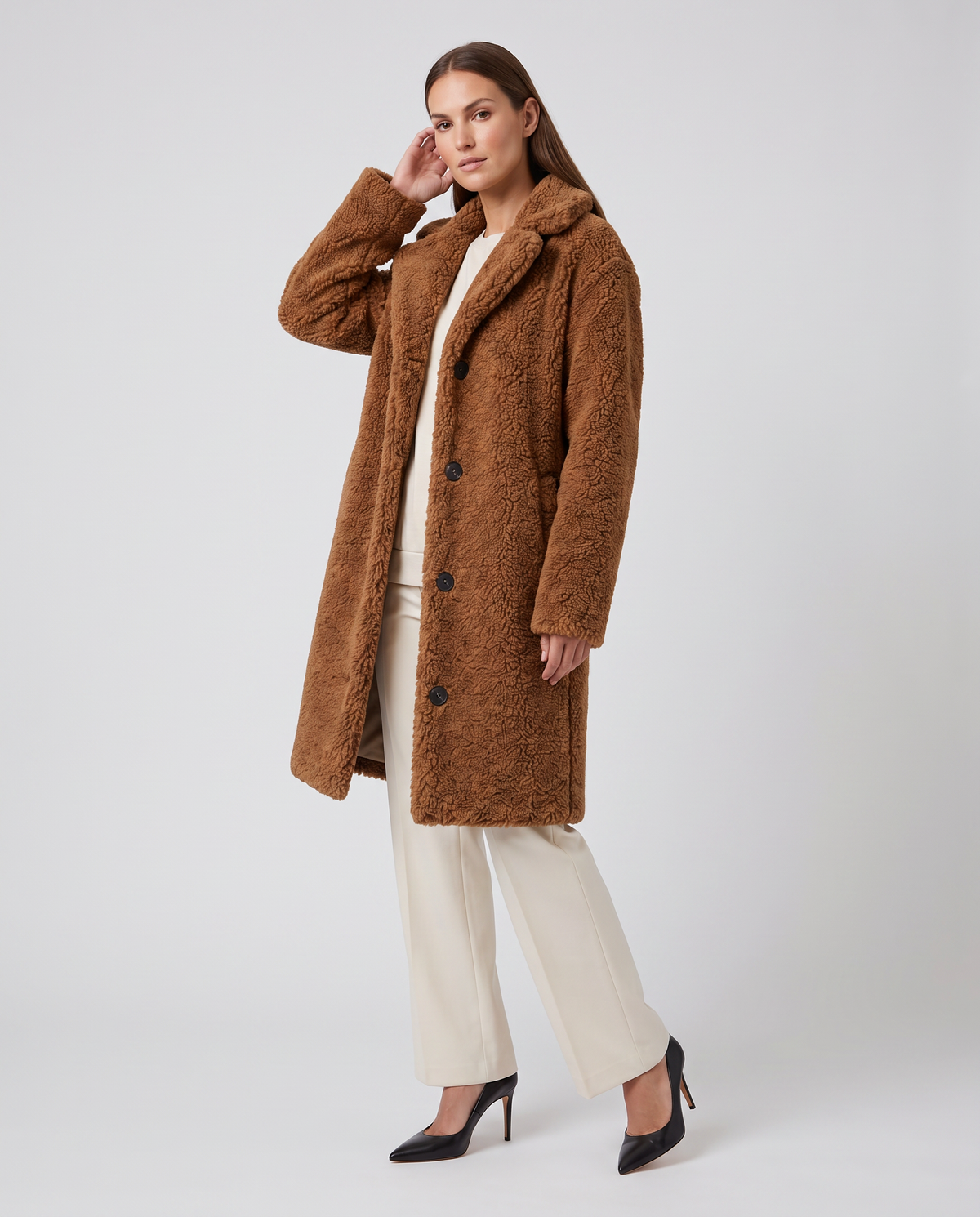 Esme | Polished Knee Length Faux Fur Coat with Notch Lapel