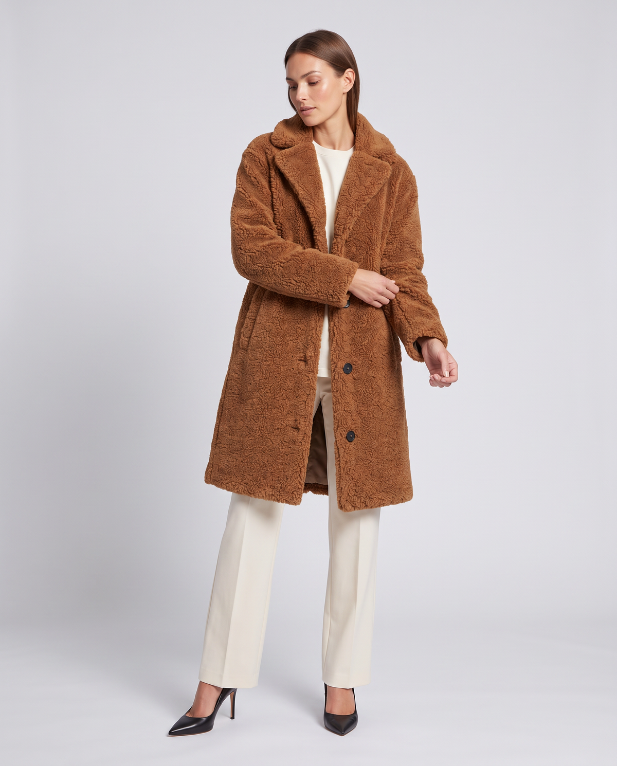 Esme | Polished Knee Length Faux Fur Coat with Notch Lapel