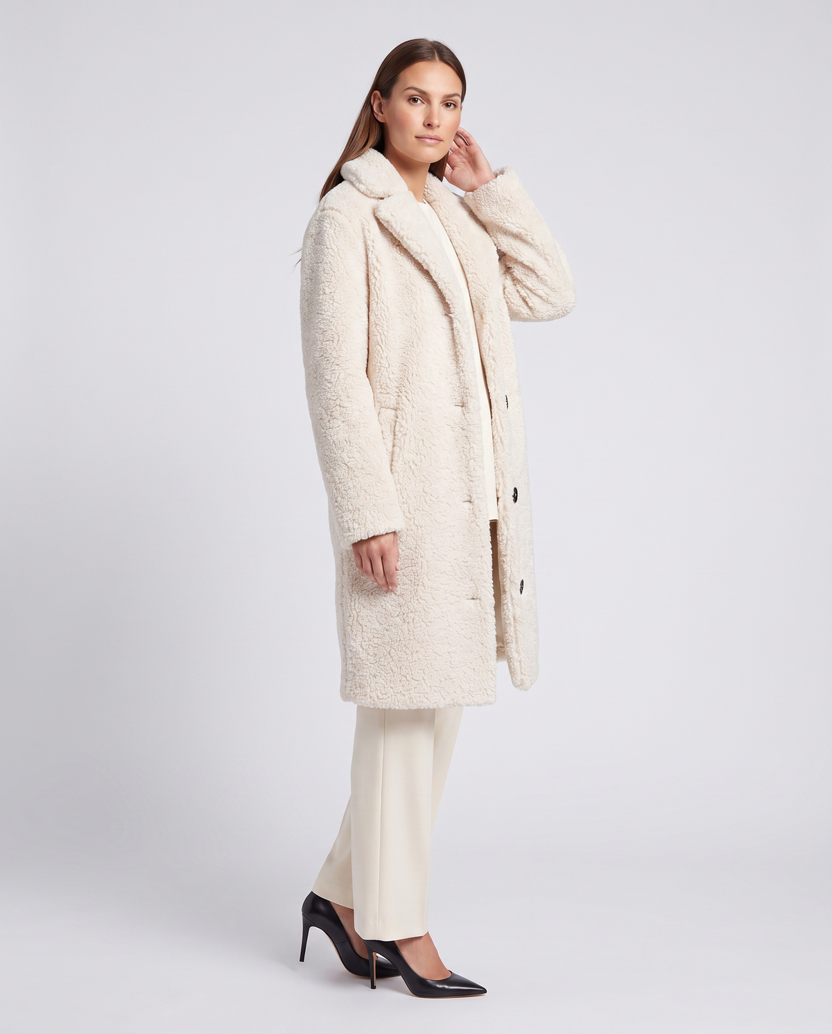 Esme | Polished Knee Length Faux Fur Coat with Notch Lapel