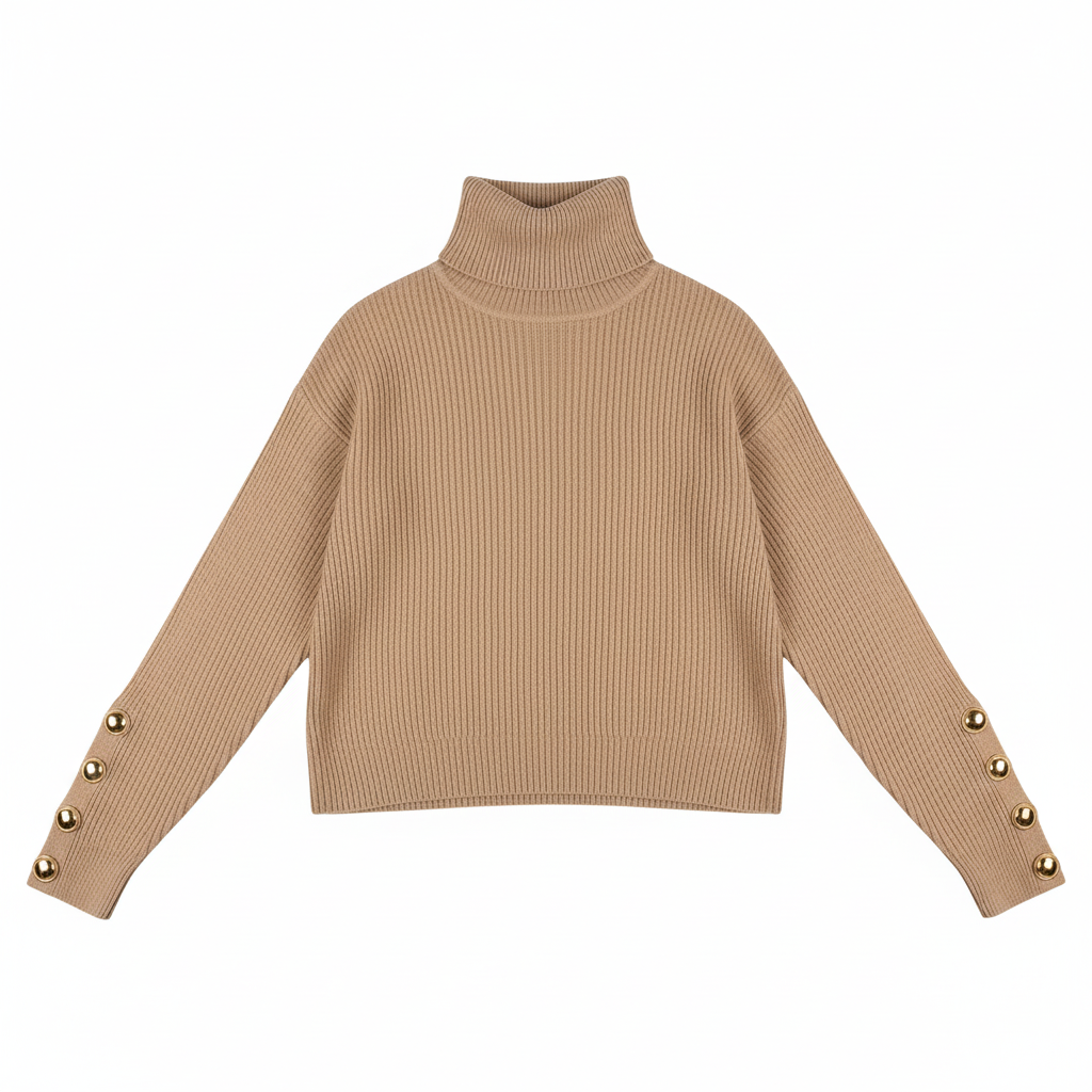 Eva | Chic Button Cuff Roll Neck Womens Knit Jumper