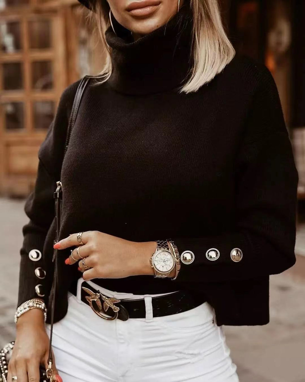 Eva | Chic Button Cuff Roll Neck Womens Knit Jumper
